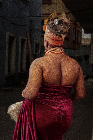 Photography Oil painting Back view showing ornate crown and burgundy velvet dress worn by a Benin bride.