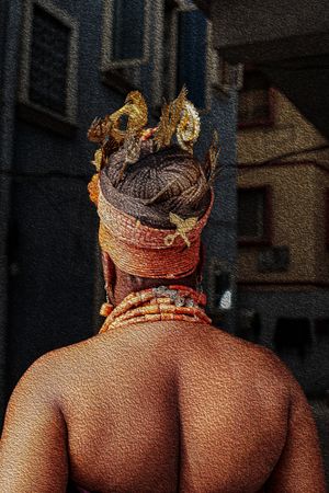 Photography Oil painting Detailed view of traditional African Benin crown and hairstyle worn by a Benin bride