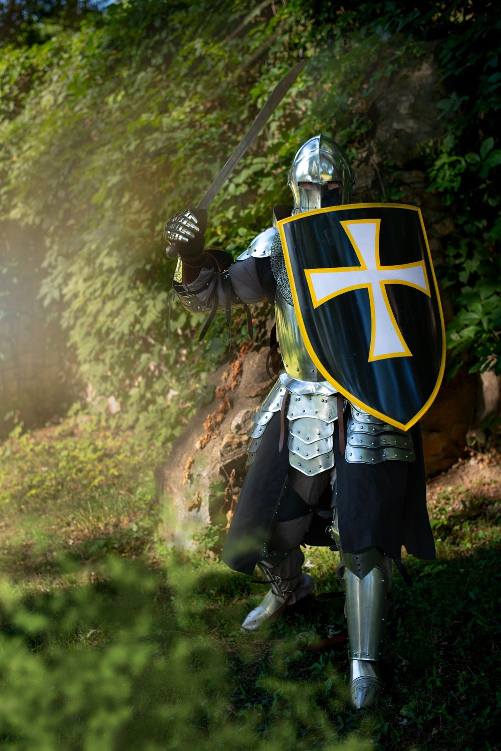 Medieval knight with black and yellow cross shield poses in sunlit forest clearing.