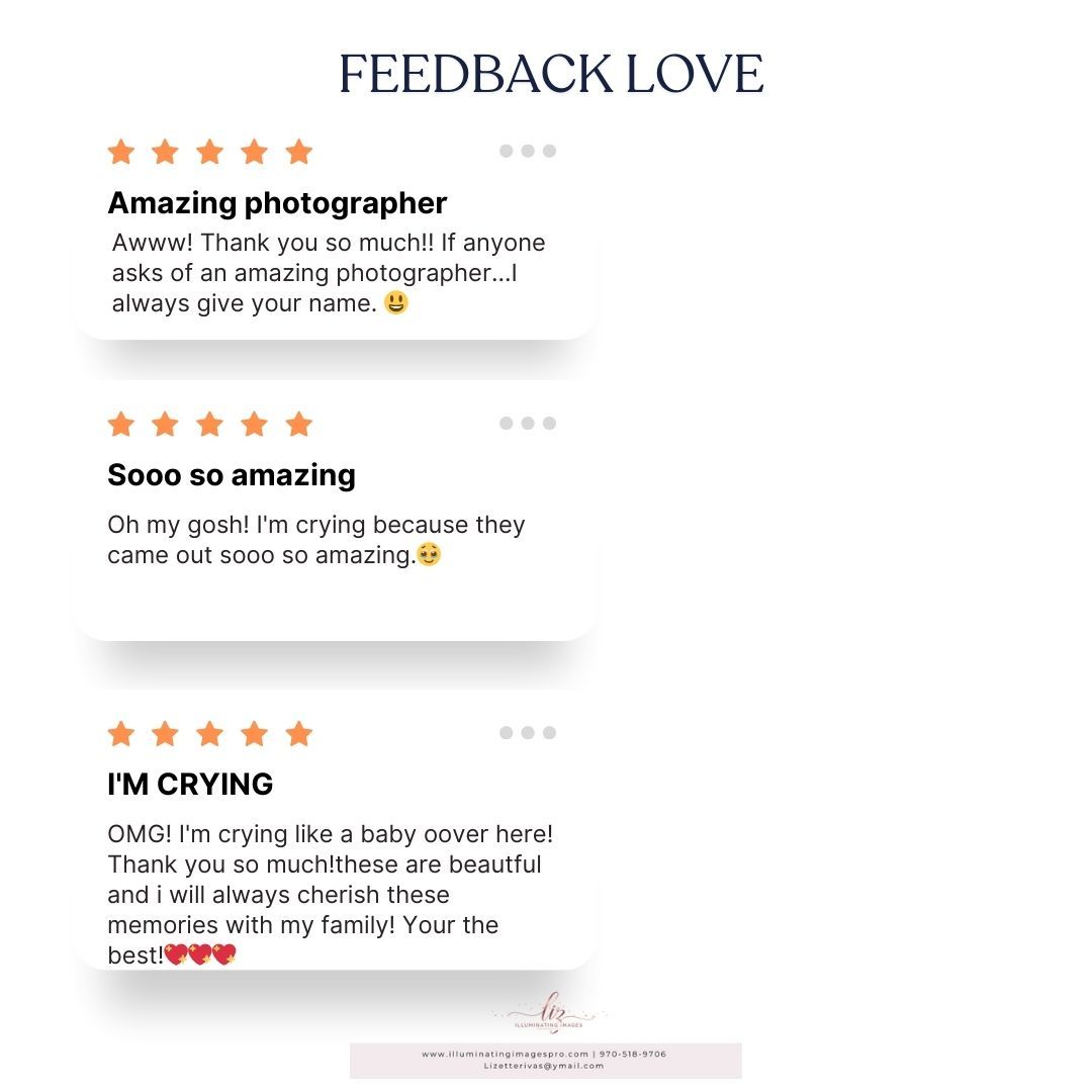 feedback images talking about how amazing liz rivas is as a photographer. they are say how happy they are with their that liz took.