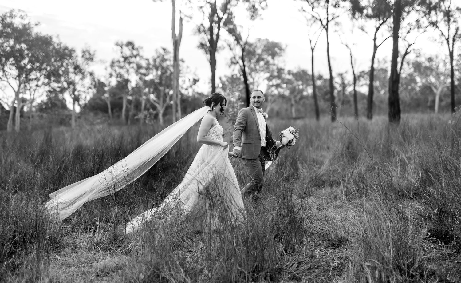 Artistic black and white landscape showing tall trees and grass in a rural setting.