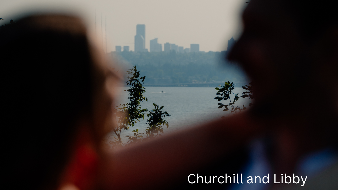 Silhouetted figures viewing city skyline across water at dusk.