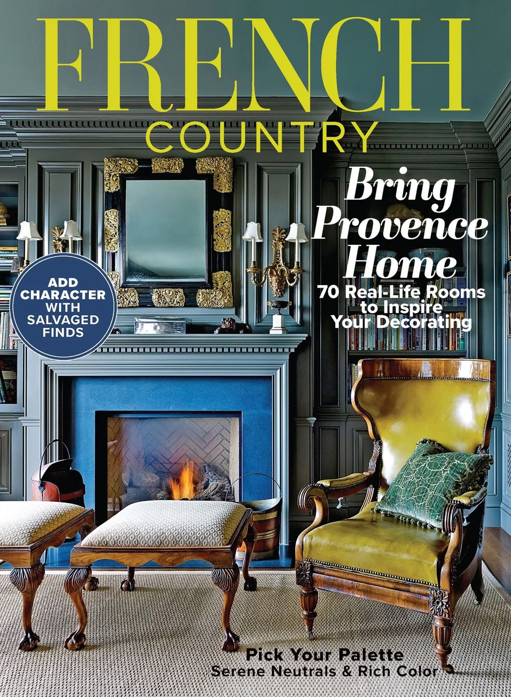 French interior design magazines showing luxurious rooms with rich colors and classic furniture.