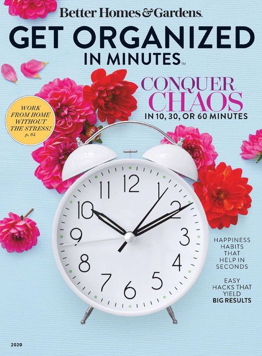 Magazine covers about getting organized with alarm clocks and pink flowers on blue background.