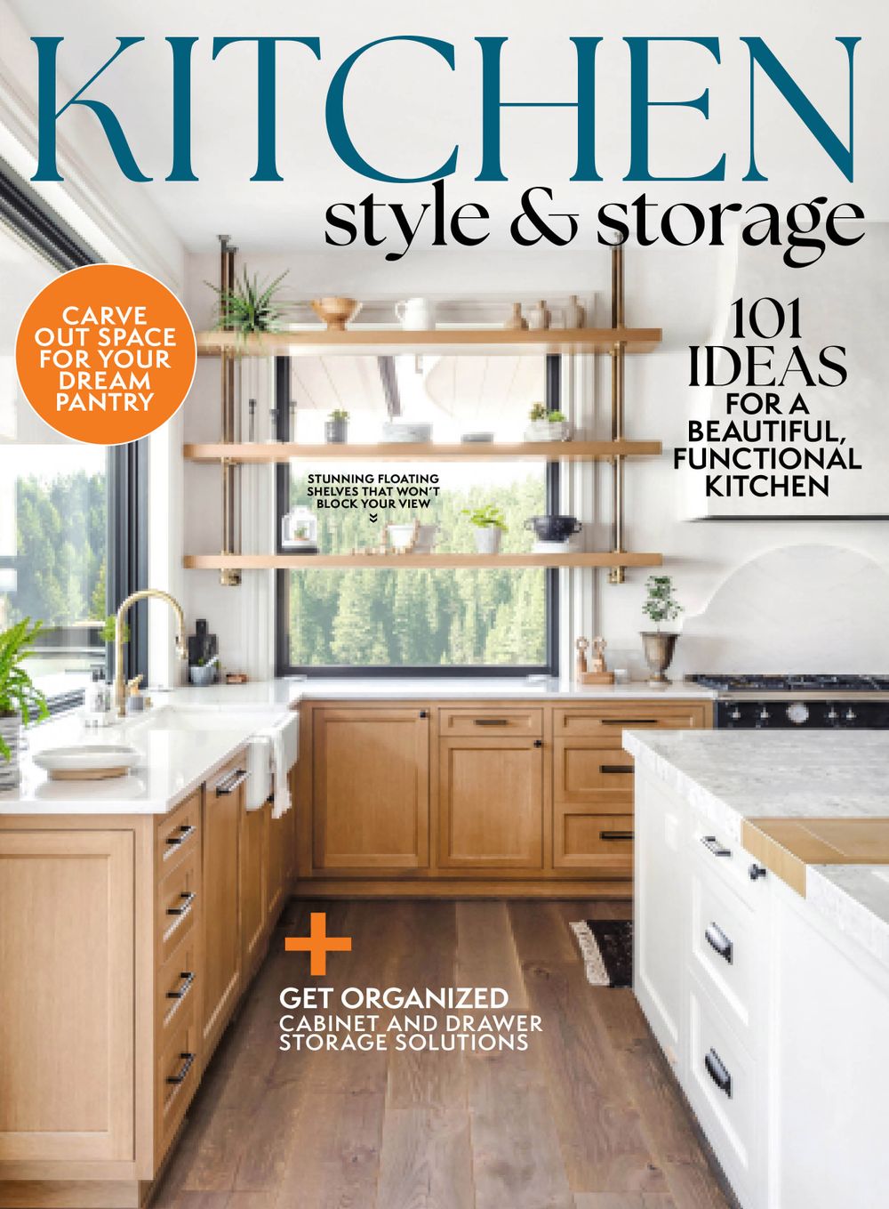 Modern kitchen magazine covers showcasing light wood cabinetry and white countertops.