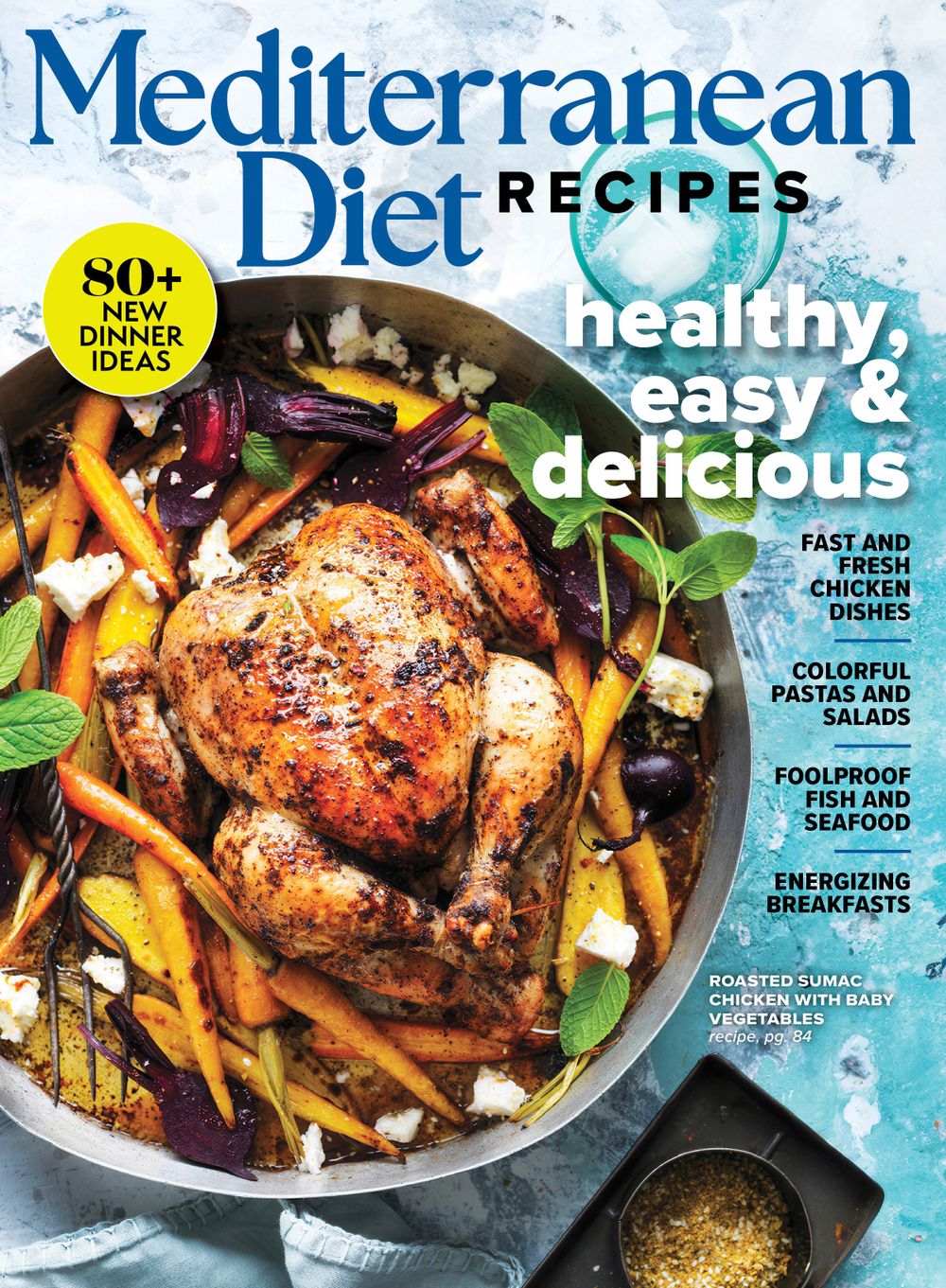 Mediterranean diet magazine covers displaying roasted chicken, seafood and colorful salads.