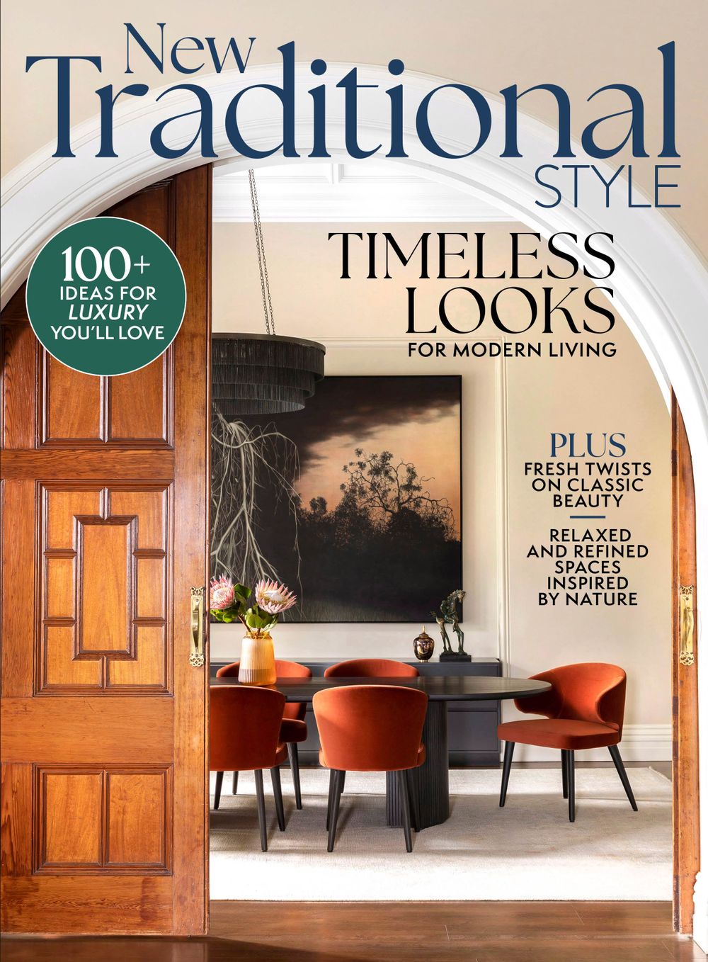 Traditional home magazine covers featuring warm wood tones and classic interior styling.