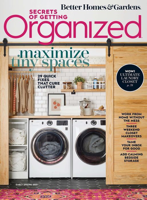 Magazine layouts showing modern laundry room organization with wooden storage cabinets.