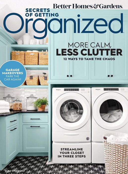 Magazine covers showing laundry room organization and decluttering tips in blue and white tones.