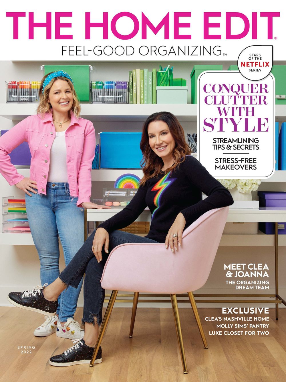 Series of home organization magazine covers featuring living room spaces and decluttering advice.