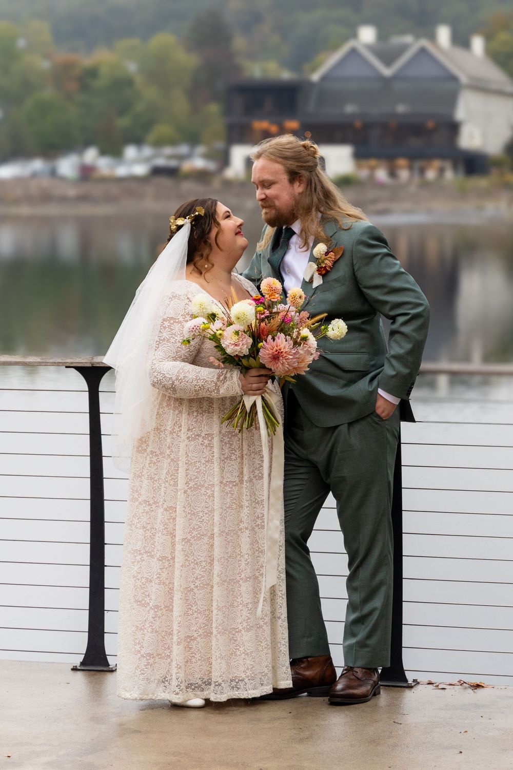 A series of romantic wedding photos showing a couple sharing sweet moments on a lakeside dock.