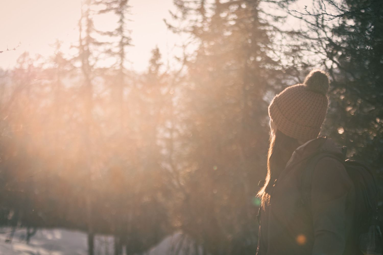 Person i vinterkläder står i snöigt skogslandskap med solljus, motljus. Lugn och stillsamt