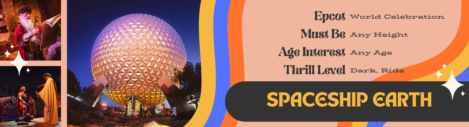 A collage of Epcot theme park images showing Spaceship Earth and themed banners at night.