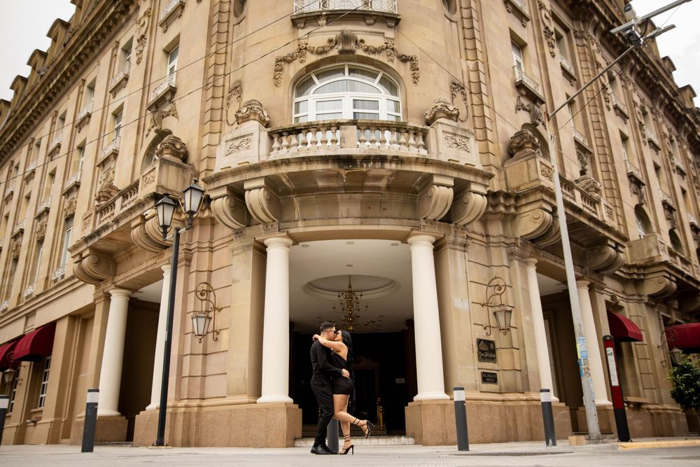 Elegant historic building facade with ornate architectural details and columns.
