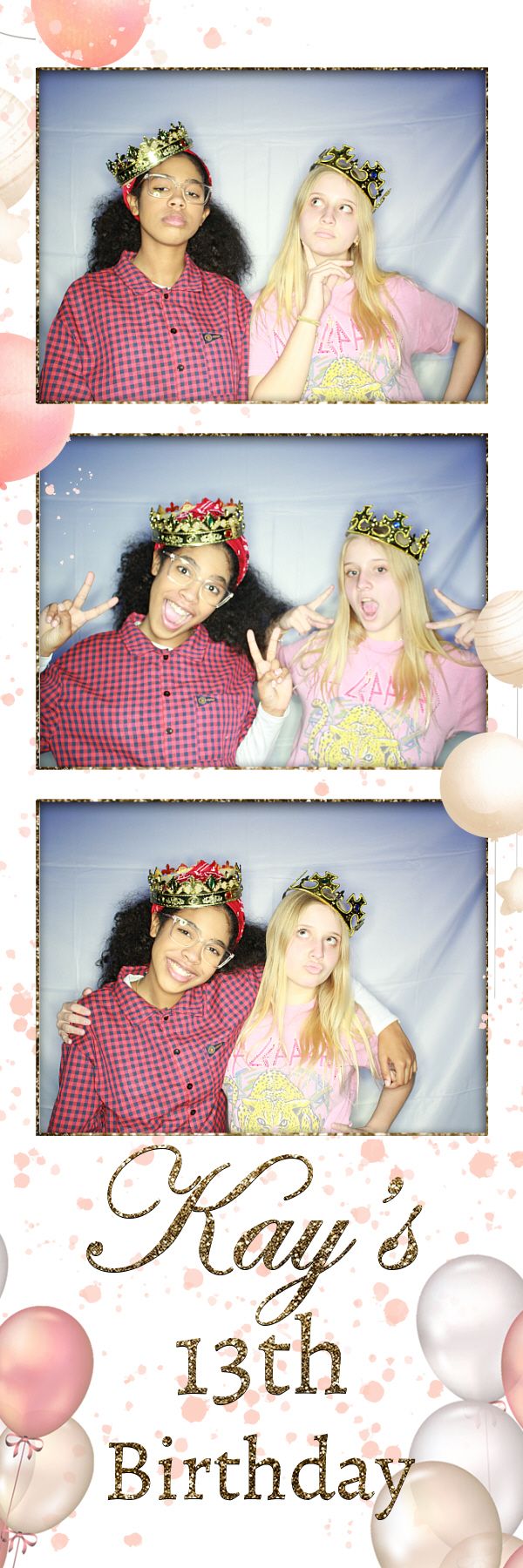 A photobooth strip showing two friends wearing crowns and making silly faces at a 13th birthday party celebration.
