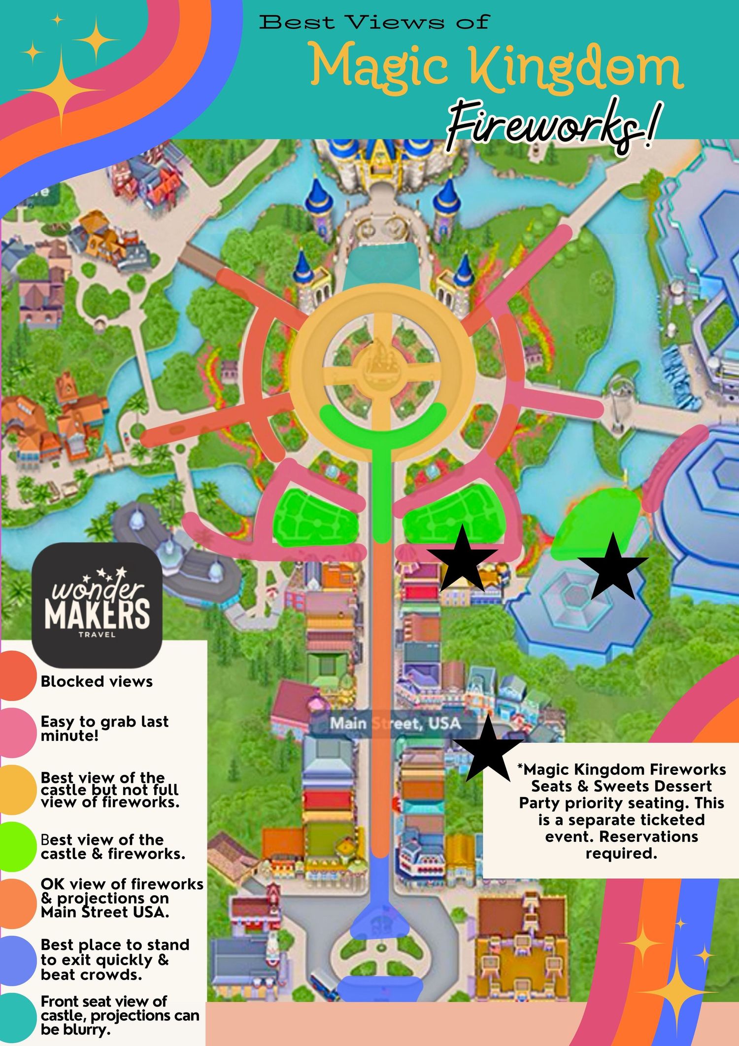 A colorful illustrated map showing the best viewing spots for Magic Kingdom fireworks with stars marking recommended locations.
