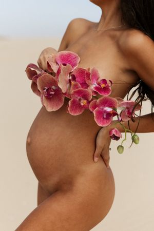 Artistic maternity photo showing bare pregnancy silhouette with vibrant pink orchids against neutral background.
