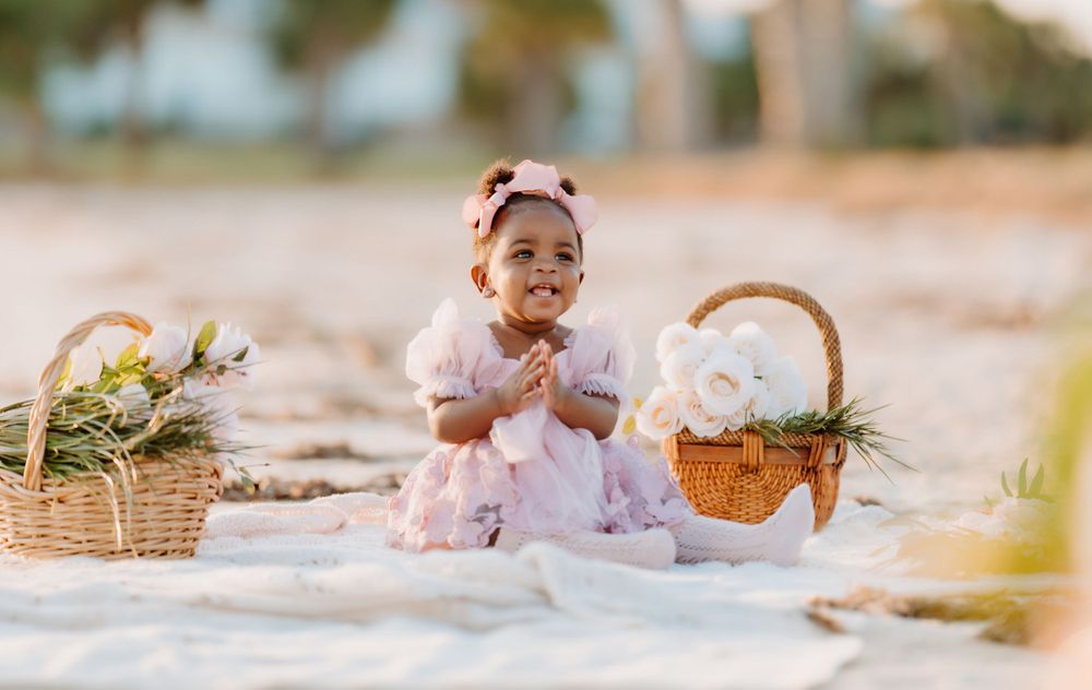 A child in a pink dress sits on a blanket outdoors with two wicker baskets during a sunny day.