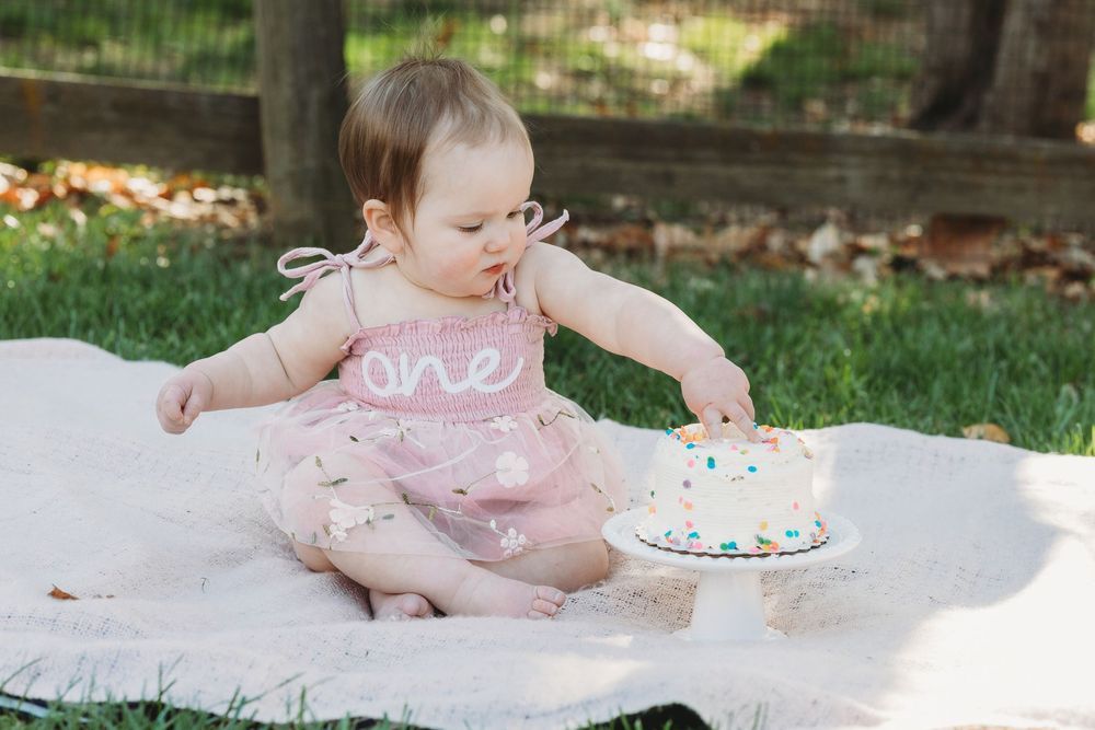 Baby girl in pink tulle dress touching her first birthday smash cake outdoors on a blanket in the grass.