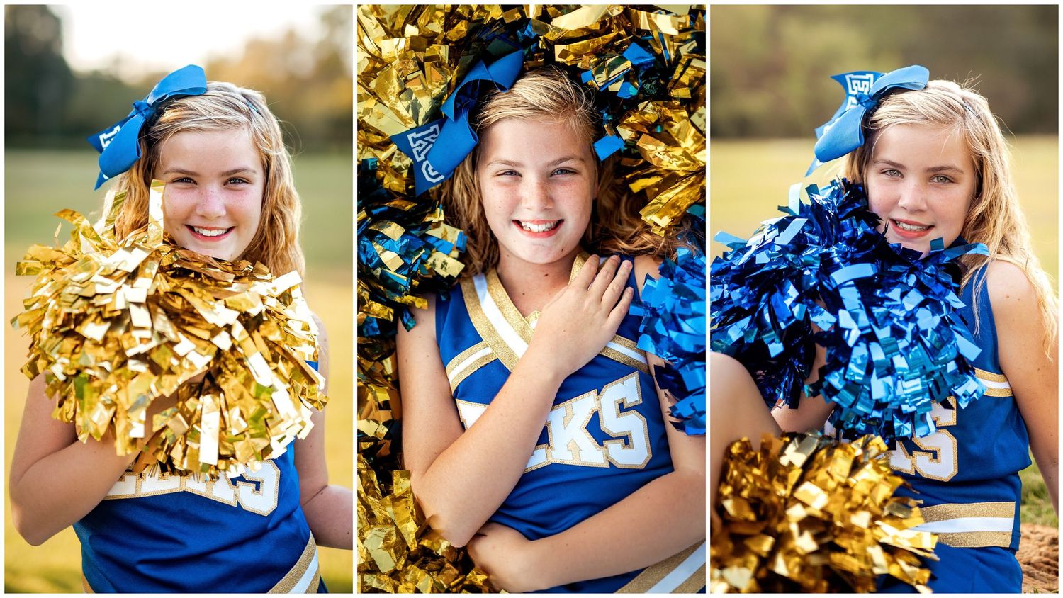 Three cheerleading portraits showcase blue and gold uniforms with pom poms in an outdoor autumn setting.