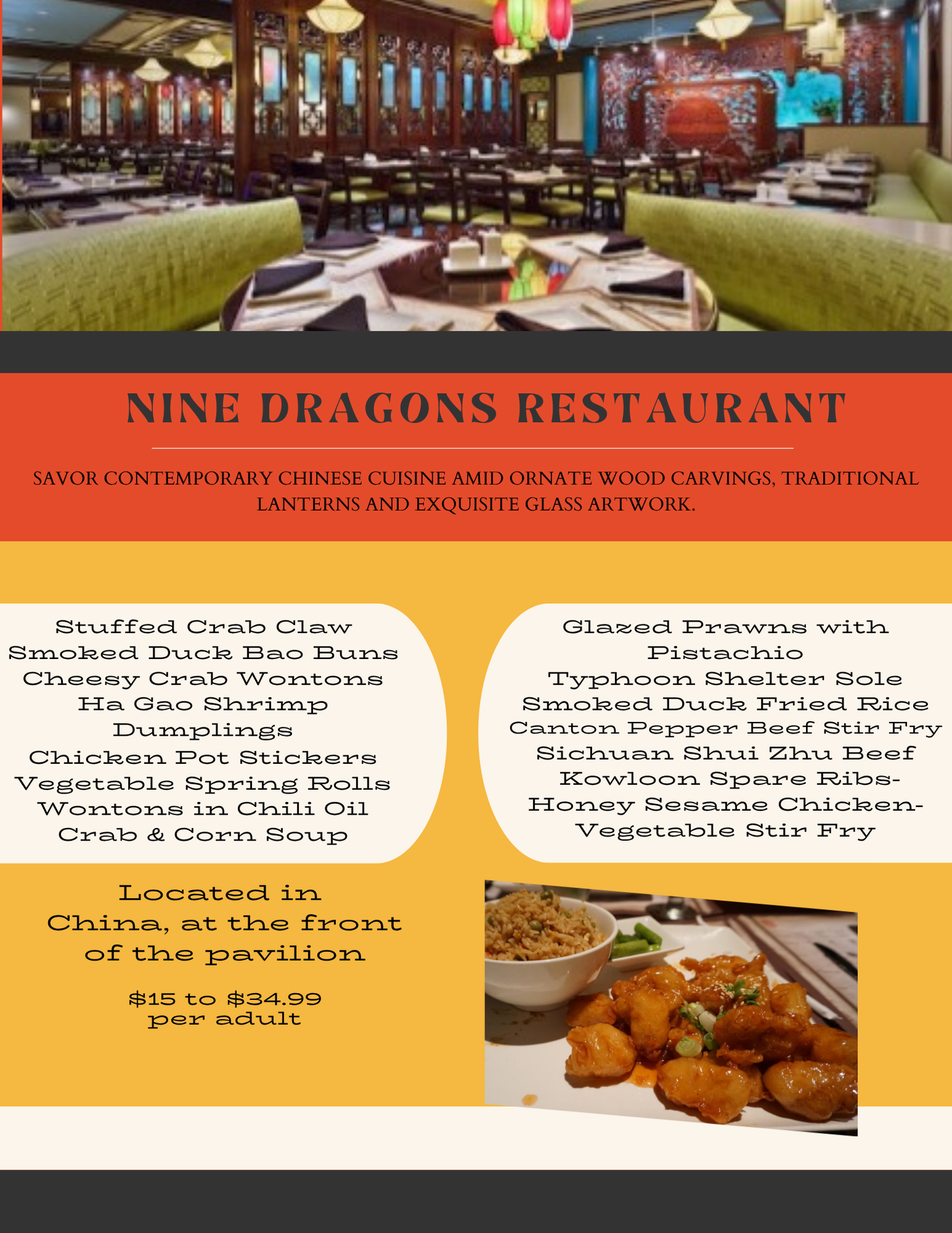 Modern Chinese restaurant interior with plush green seating and a menu showcasing traditional and contemporary Asian dishes.