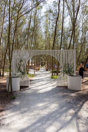 Wooden gate entrance to a forest path surrounded by tall trees.