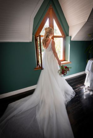 Wedding dress with flowing train photographed in a room with dark green walls and natural light.