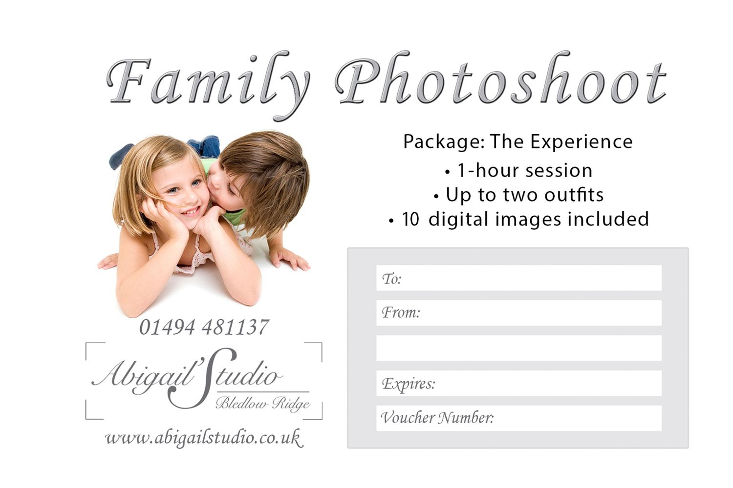 Family photoshoot voucher from Abigail's Studio, offering photography sessions in Buckinghamshire.