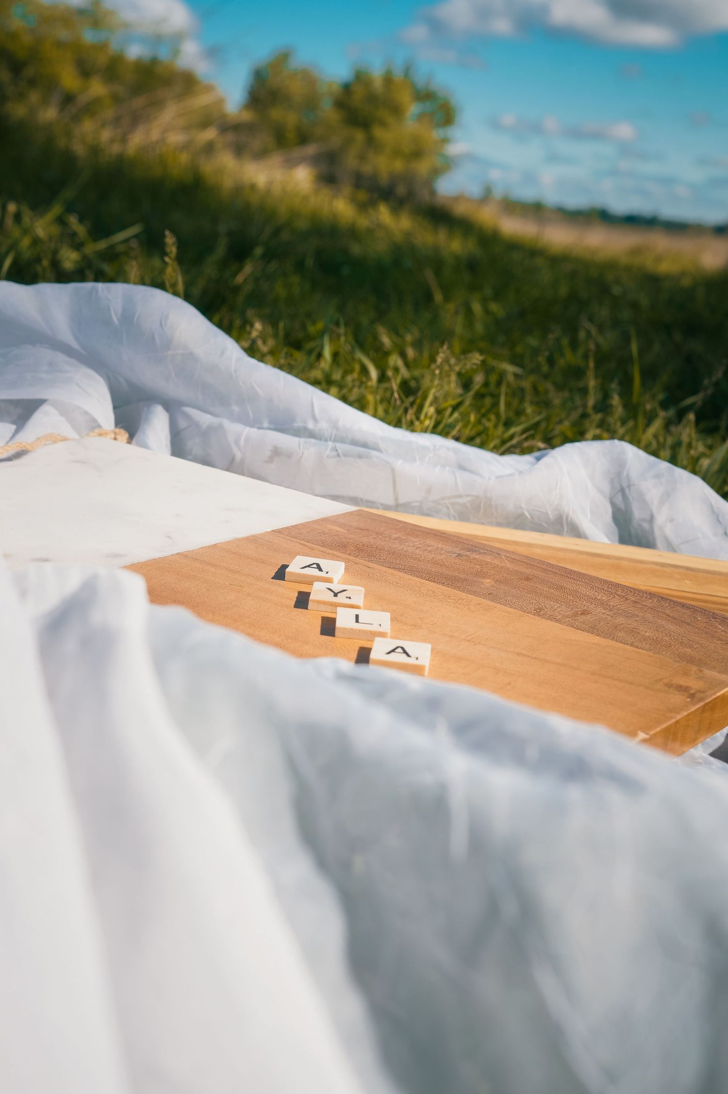 Wooden board with game pieces on white blanket against blue sky and grass background.