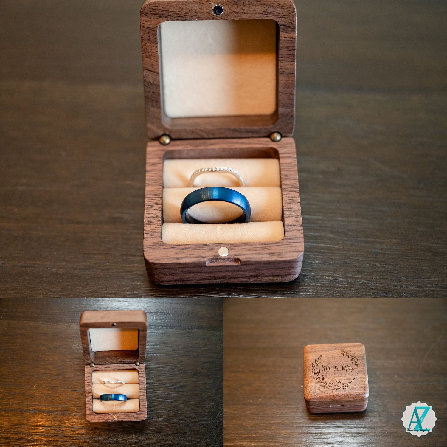 Walnut wood ring box with magnetic closure shown from multiple angles displaying custom inlay and craftsmanship details.