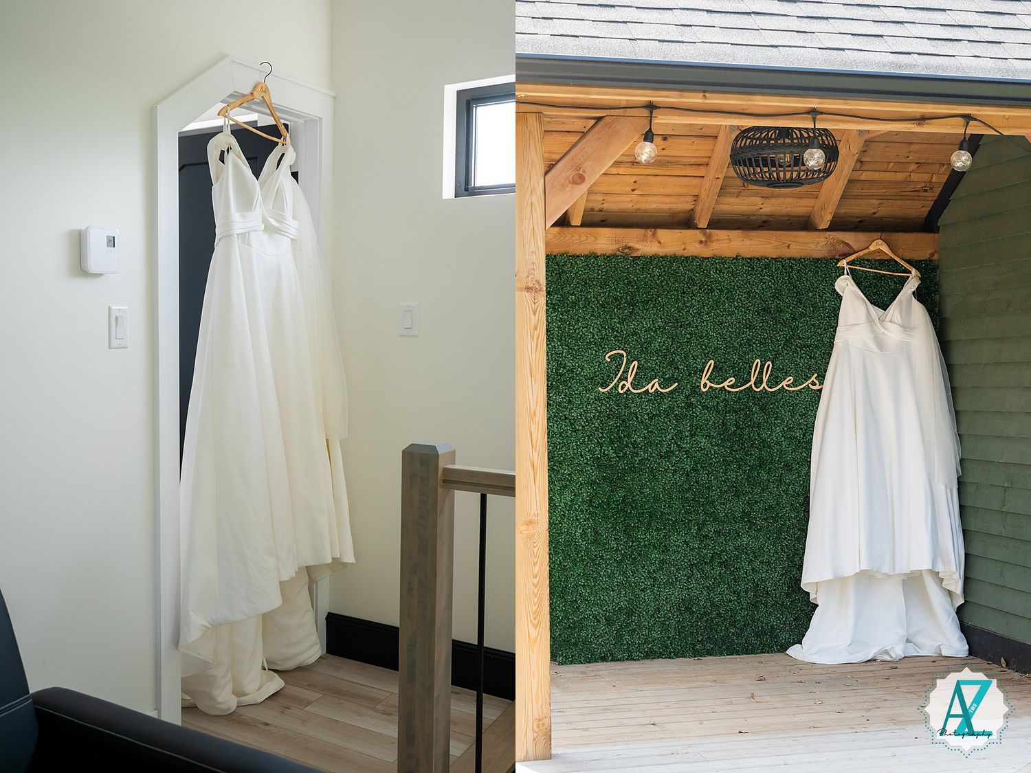 A series of elegant white wedding dresses displayed in a rustic venue with wooden beams and green foliage wall decor.