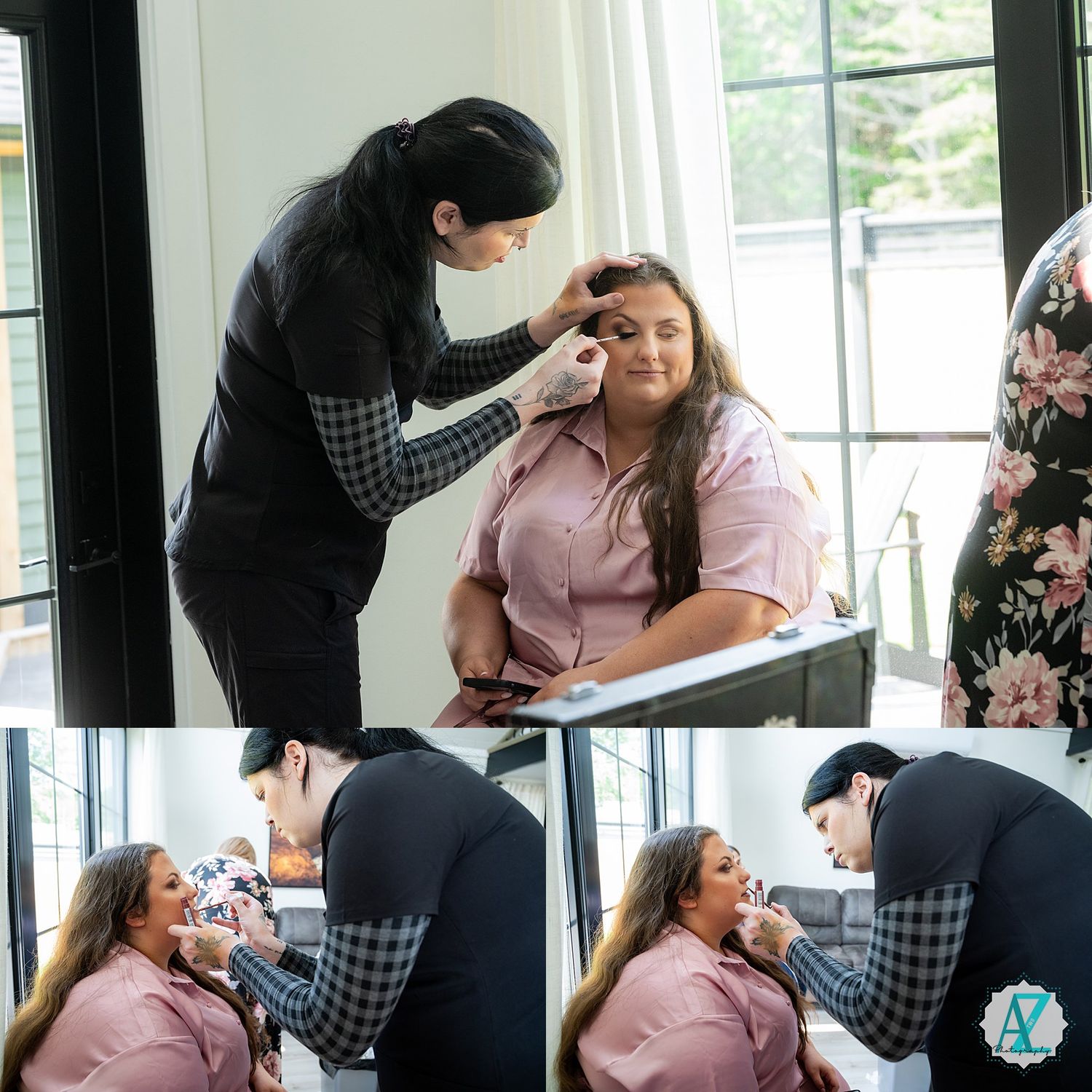 A makeup artist applies cosmetics on a client seated in a bright room near a window.