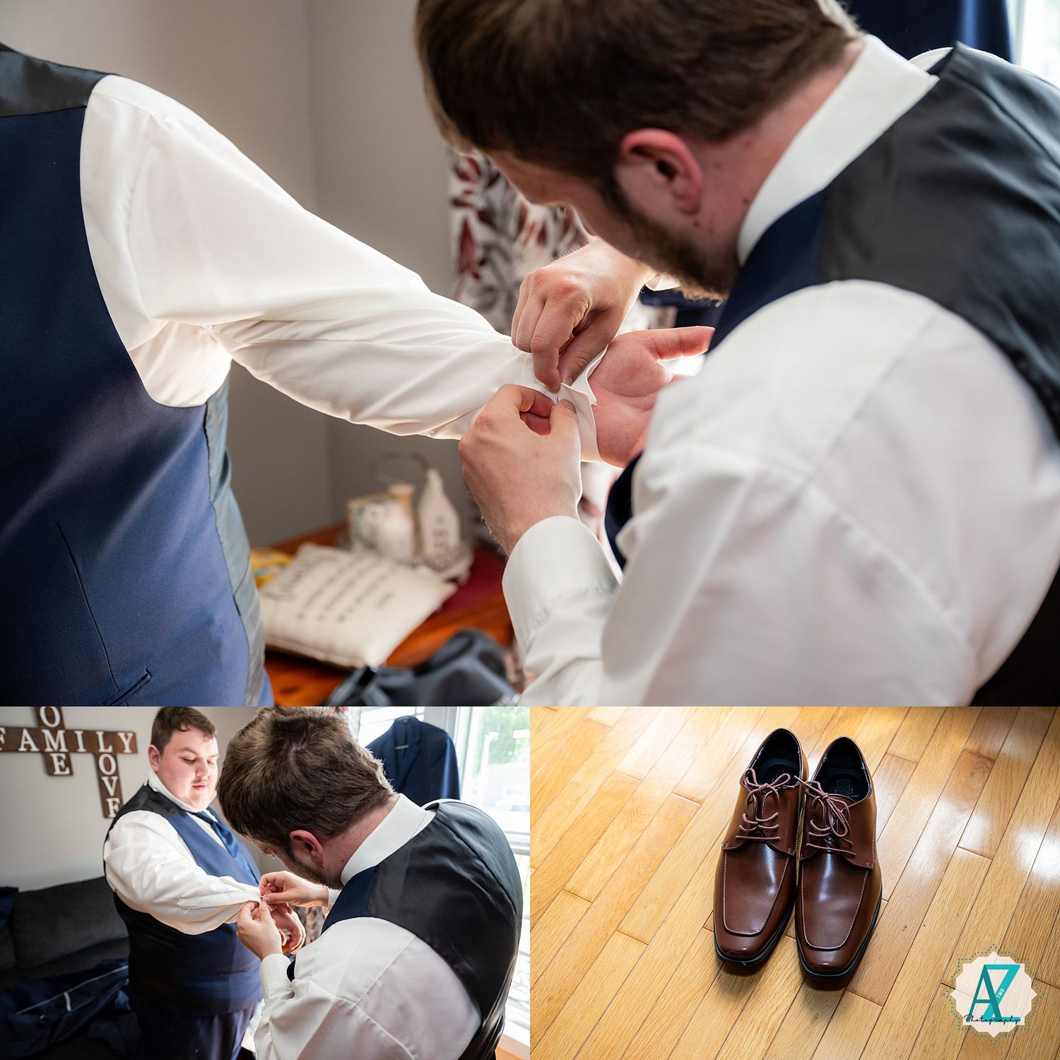 A collage of wedding preparation moments showing dress shoes and men helping with formal attire.