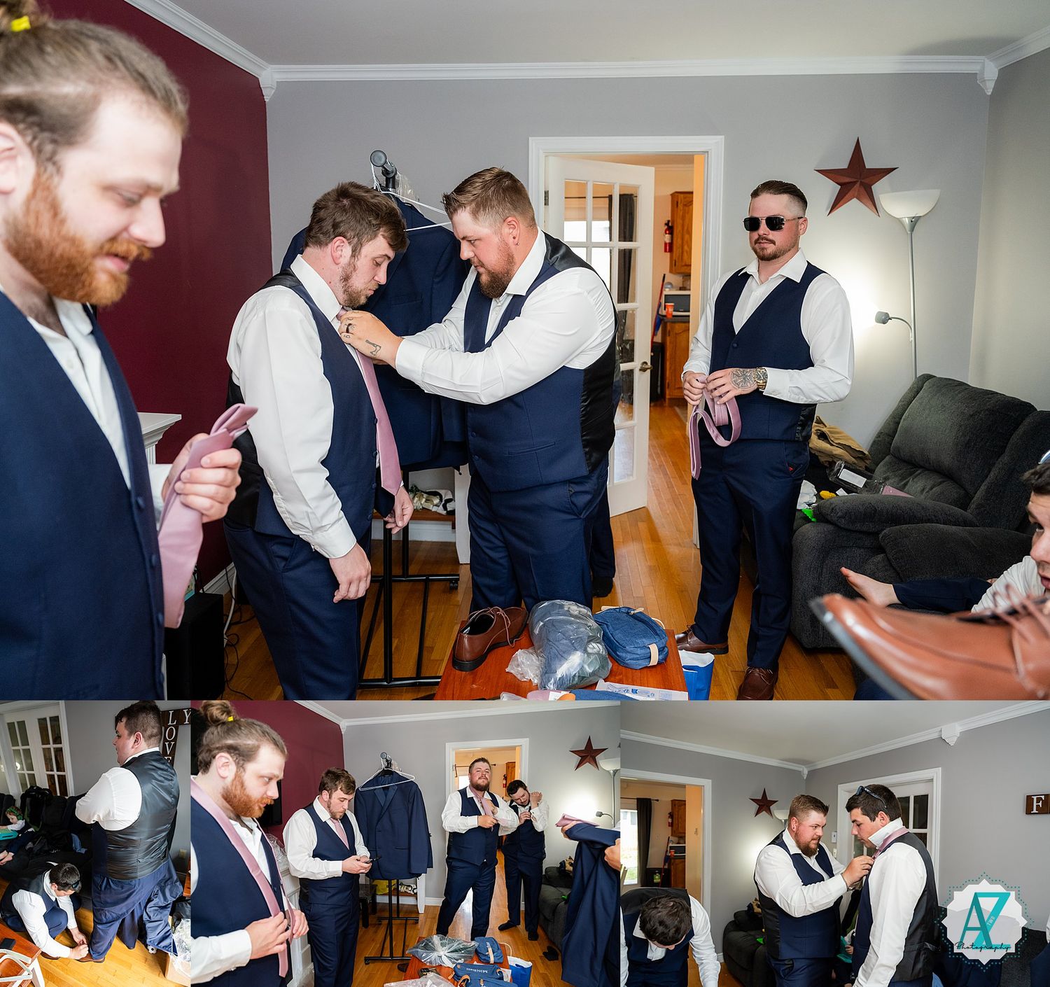 People in formal navy suits and white dress shirts gathered in a living room getting ready for a special occasion.