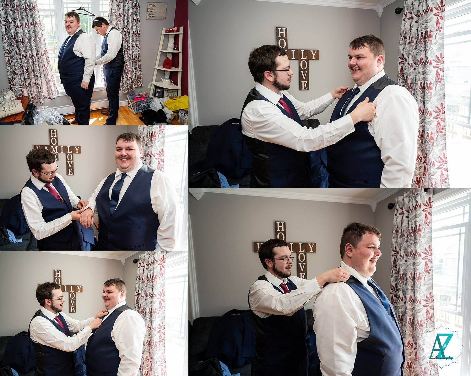 A photo series showing groomsmen helping each other get ready and adjust their formal wedding attire.