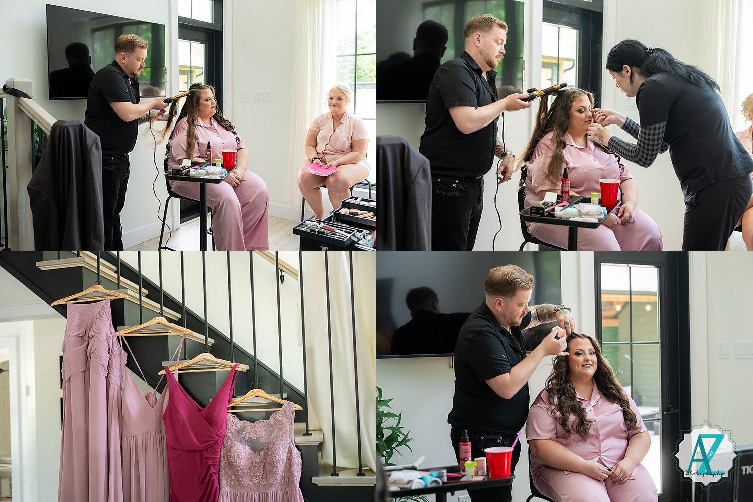 A series of behind-the-scenes photos showing stylists and photographers at work during a professional photoshoot session.