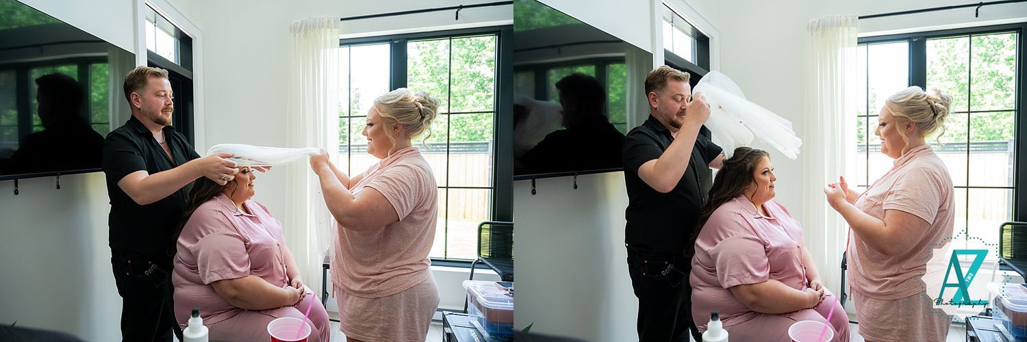 A collage of photos showing people dancing and embracing in a bright indoor setting.