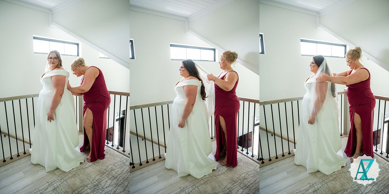 A pair of people in formal attire pose playfully on a white staircase in a series of fun photos.