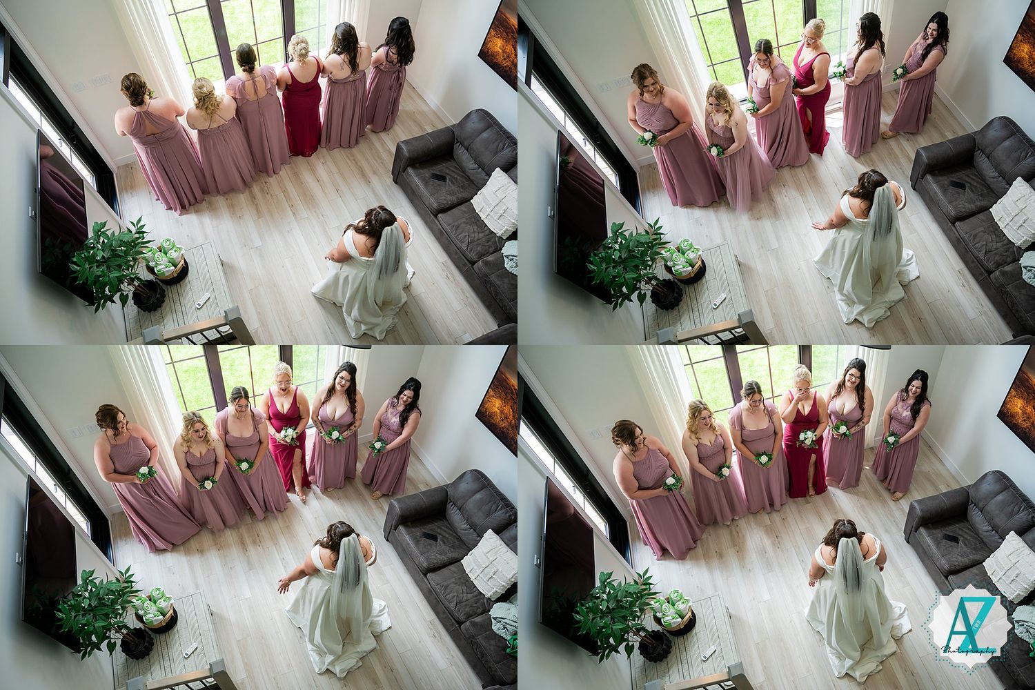 A wedding party group poses with bouquets against a light-colored wall.
