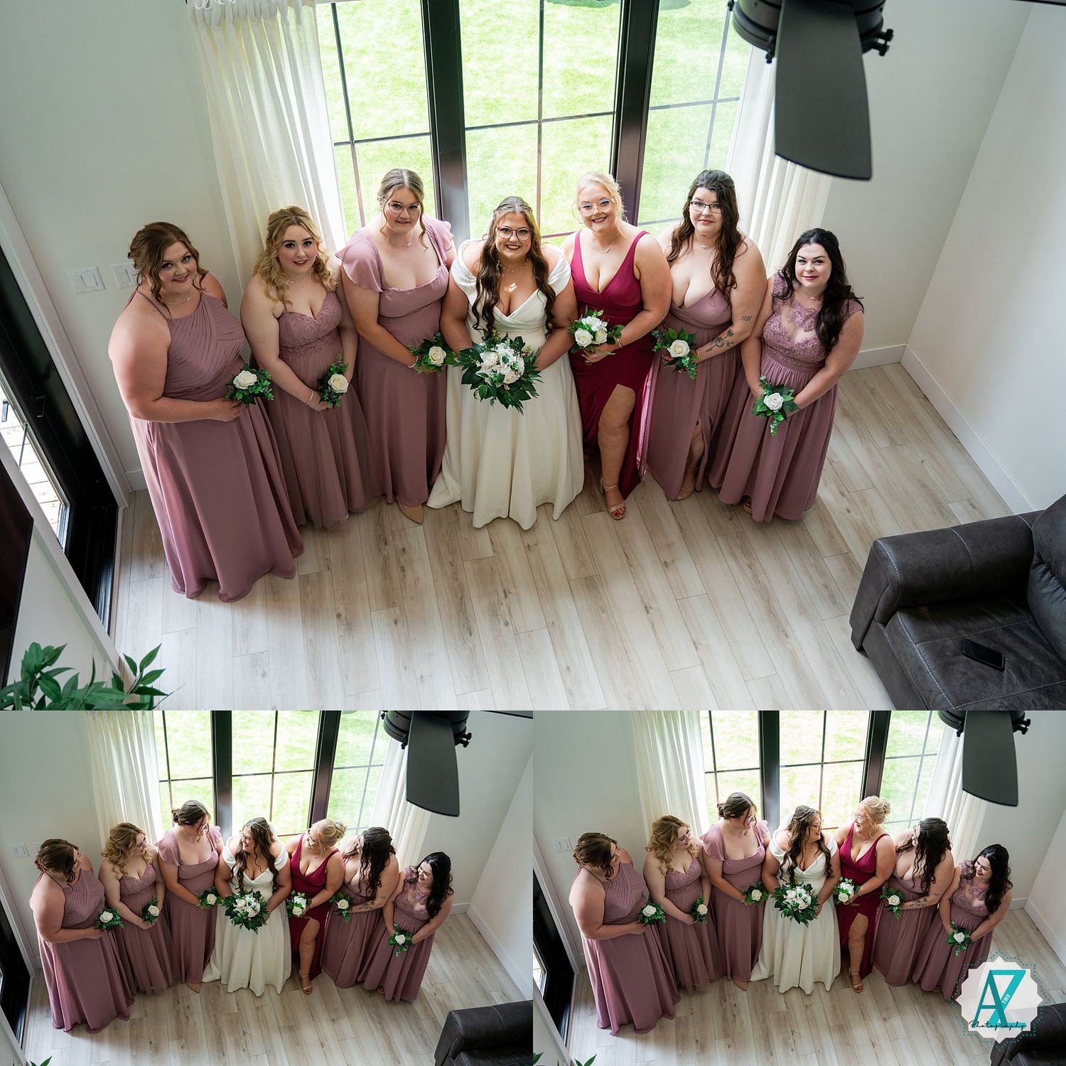 A group of women in matching mauve bridesmaid dresses pose together in different formations for wedding party photos.
