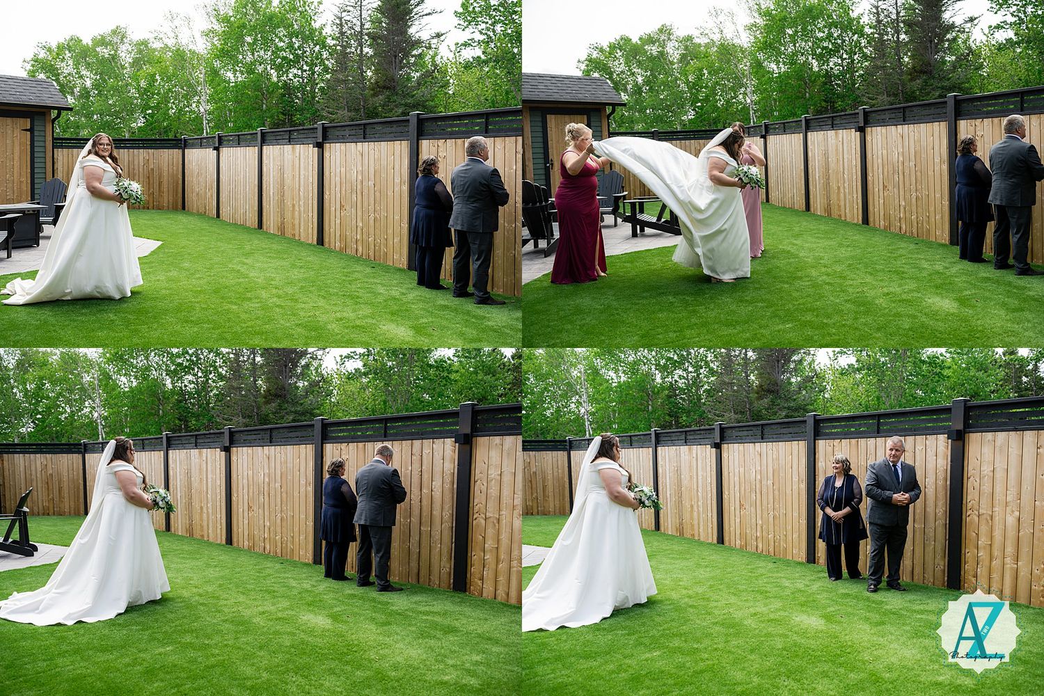 Wedding ceremony taking place in a lush green garden with floral decorations and elegant white daises lining the aisle.