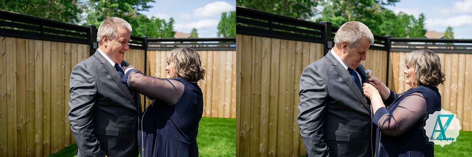 Two people in formal attire share tender moments against a wooden fence backdrop in side-by-side outdoor photos.