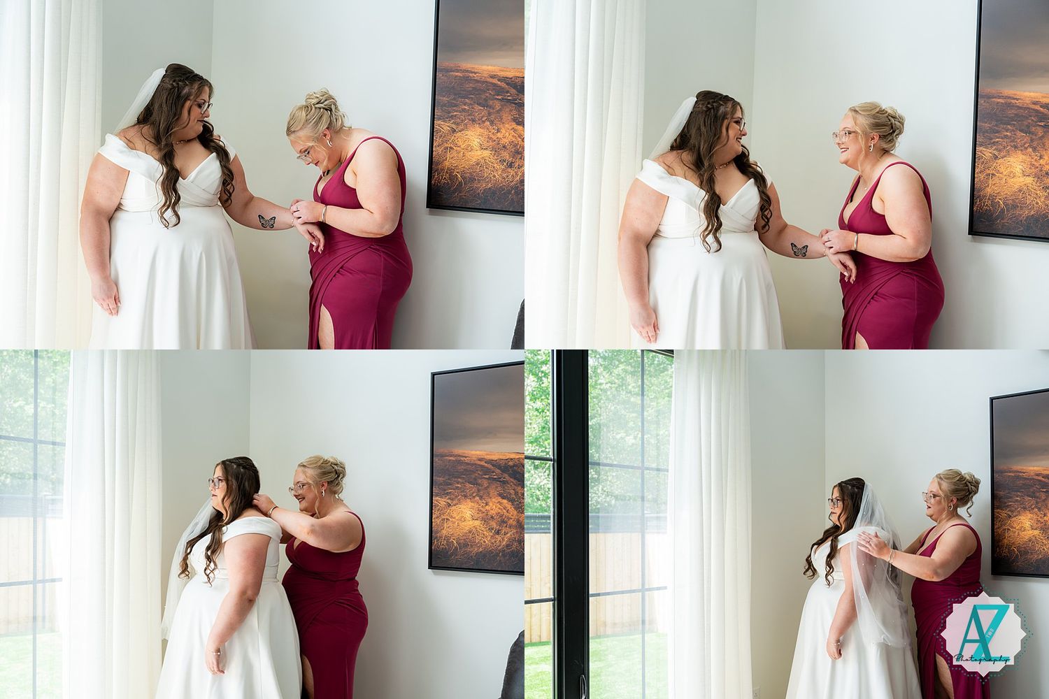 Two people in burgundy formal attire share a special moment near a window during a wedding celebration.
