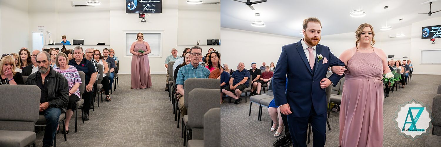 A group of wedding guests seated in rows and a bridesmaid and groomsman smile walking down the aisle at a ceremony.