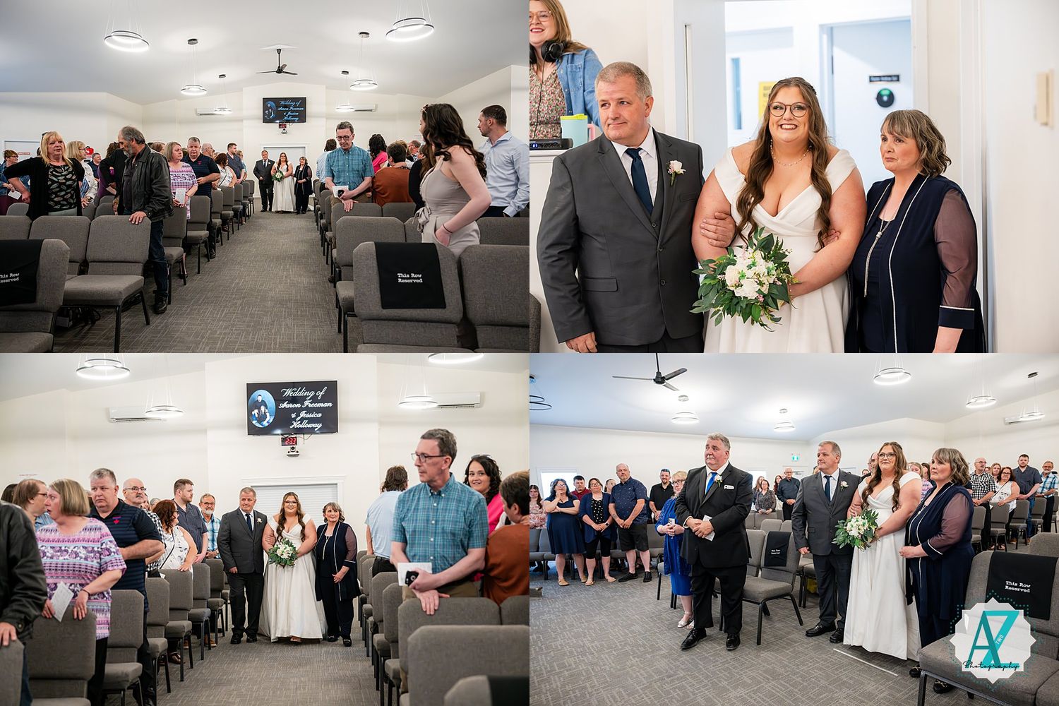 Wedding ceremony moments captured in a modern church venue showing processional and congregation during the ceremony.