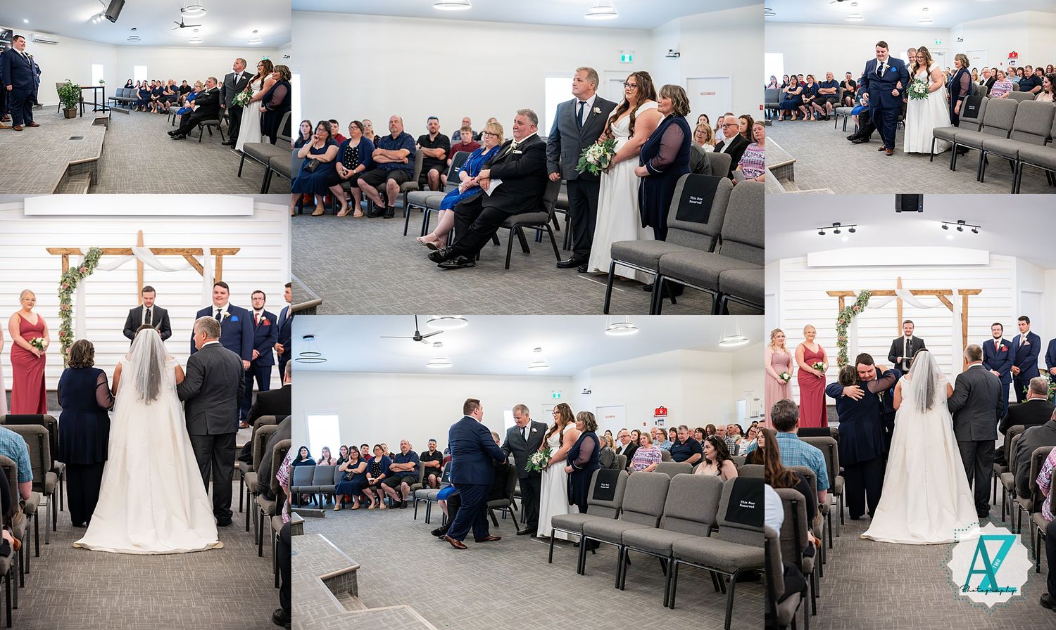 A collection of wedding ceremony photos showing guests seated in rows at an indoor venue with elegant white decor.