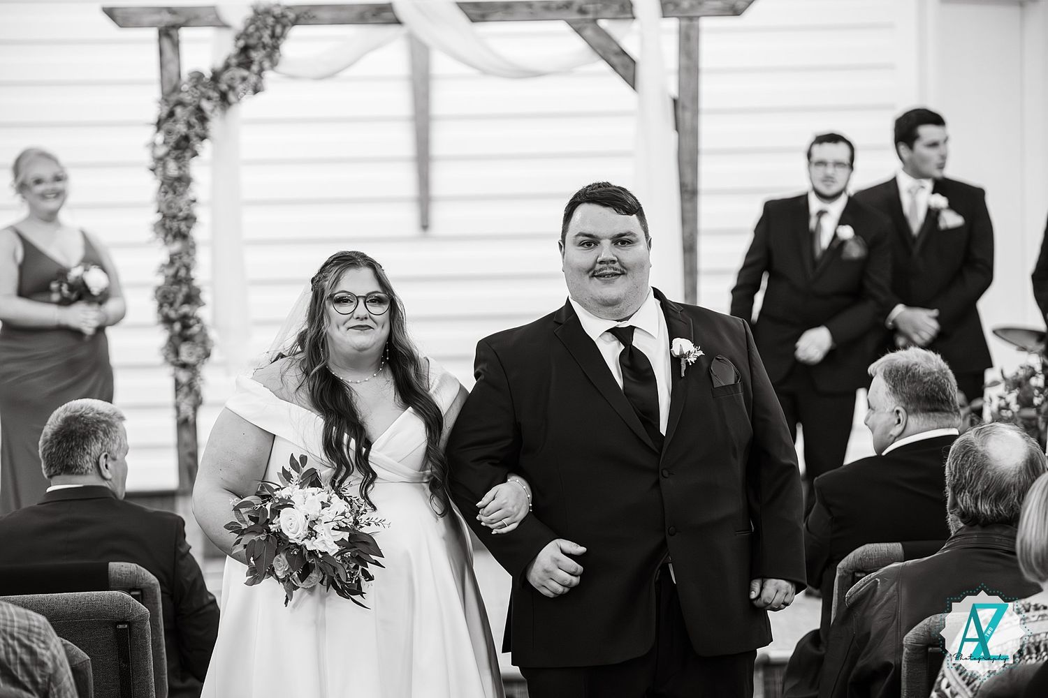 Black and white wedding party group photos in a collage showing formal attire and celebrations.