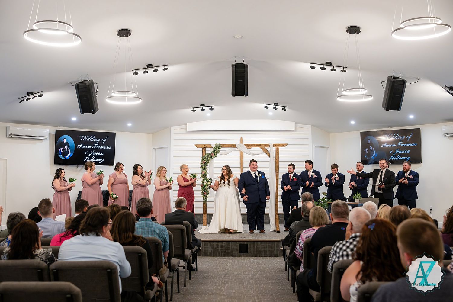 A series of wedding ceremony photos showing the church interior, ceremony moments, and reception setup in white and neutral tones.