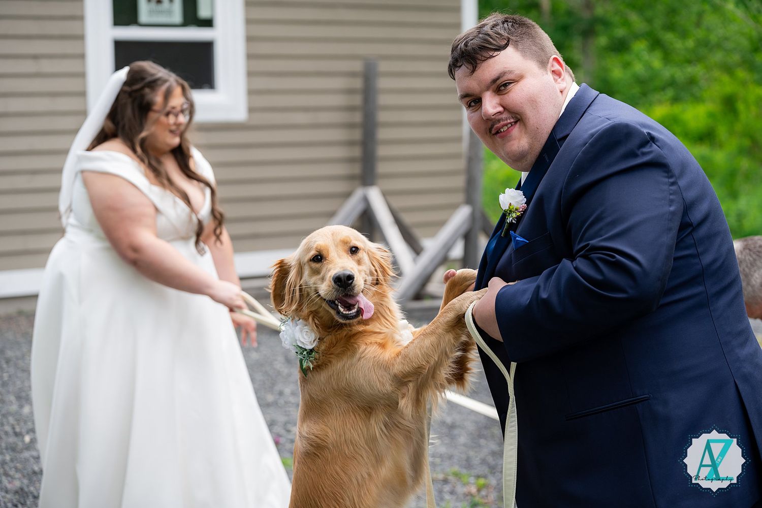 A happy golden retriever poses joyfully between a couple in wedding attire outside a house.