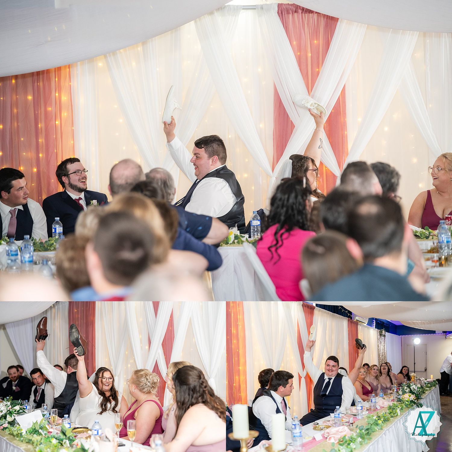 Wedding guests sit at decorated reception tables during dinner as amber lighting creates a warm ambiance.